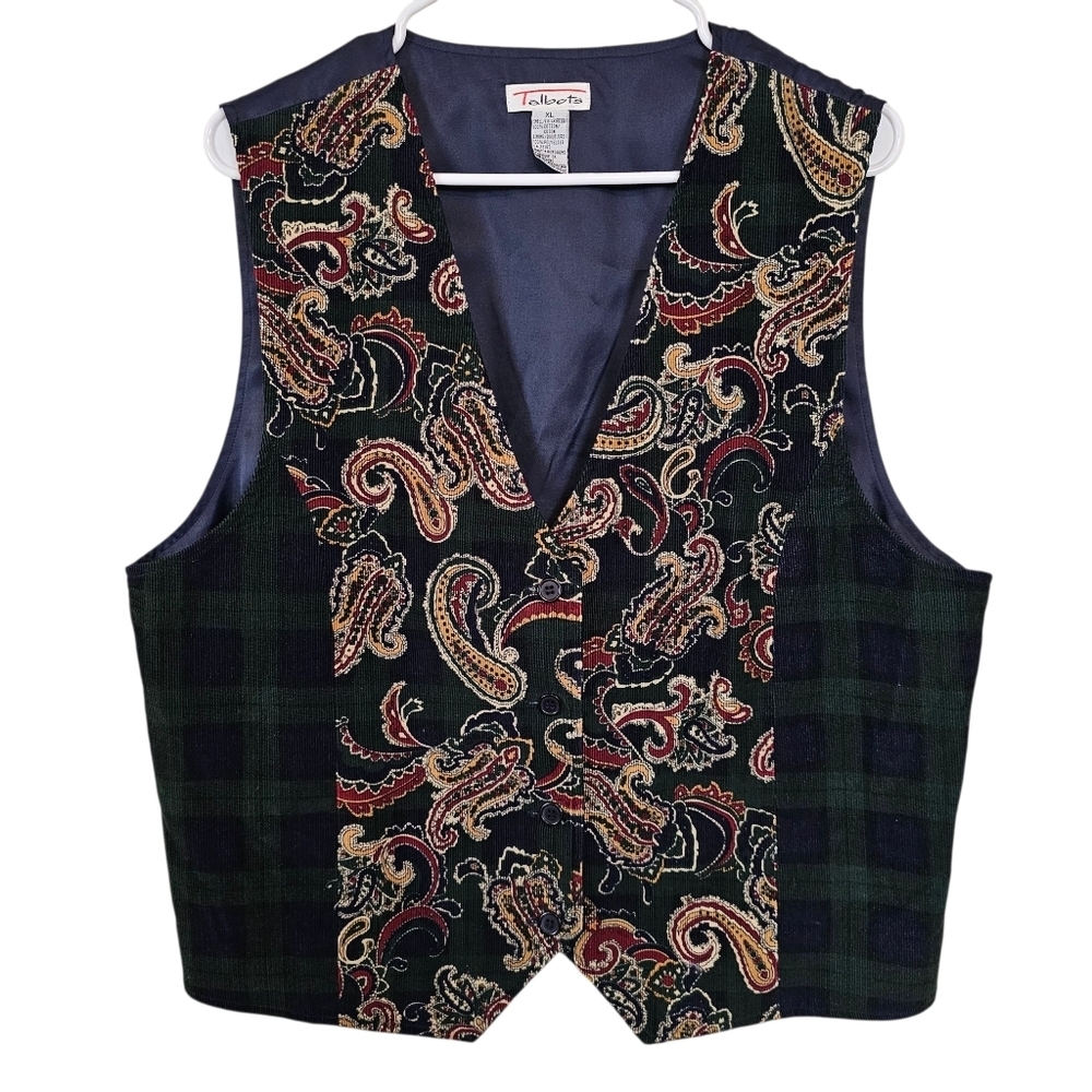 Talbots Vintage Plaid Paisley Button Down Vest Knit